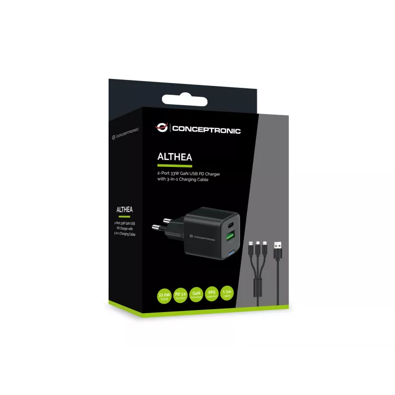 Conceptronic 2 prievadų 33W GaN USB PD įkroviklis su 3-in-1 kabeliu, USB-C x 1, USB-A x 1, QC 3.0, PPS
