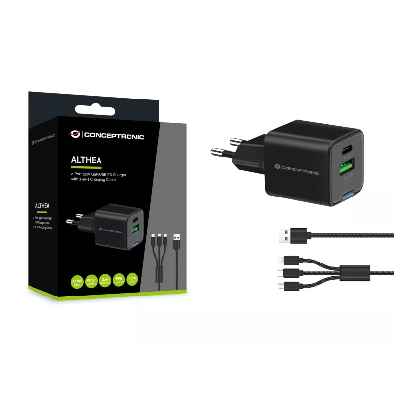 Conceptronic 2 prievadų 33W GaN USB PD įkroviklis su 3-in-1 kabeliu, USB-C x 1, USB-A x 1, QC 3.0, PPS