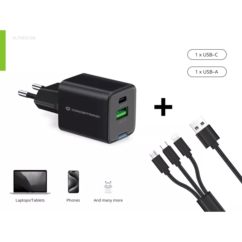 Conceptronic 2 prievadų 33W GaN USB PD įkroviklis su 3-in-1 kabeliu, USB-C x 1, USB-A x 1, QC 3.0, PPS