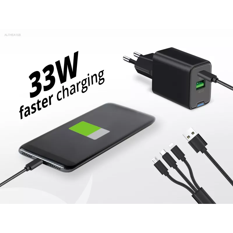 Conceptronic 2 prievadų 33W GaN USB PD įkroviklis su 3-in-1 kabeliu, USB-C x 1, USB-A x 1, QC 3.0, PPS