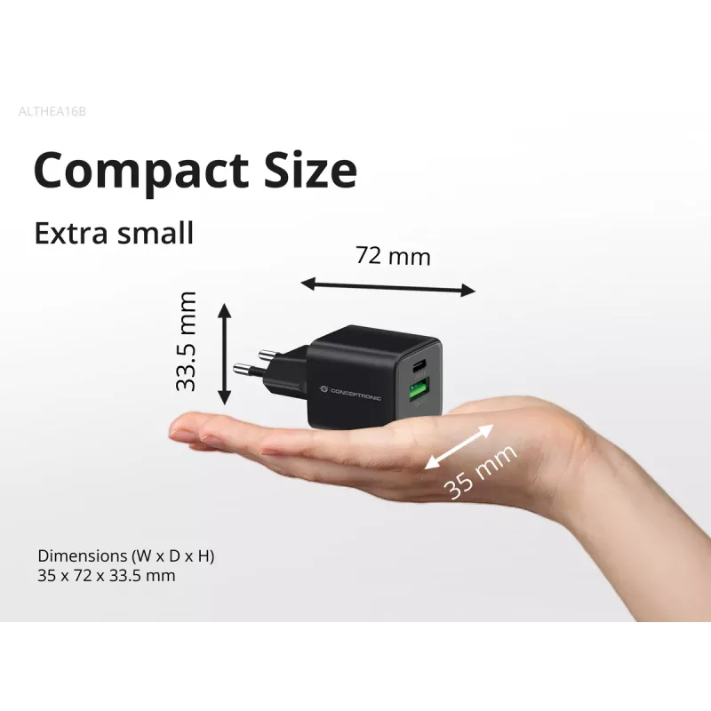 Conceptronic 2 prievadų 33W GaN USB PD įkroviklis su 3-in-1 kabeliu, USB-C x 1, USB-A x 1, QC 3.0, PPS