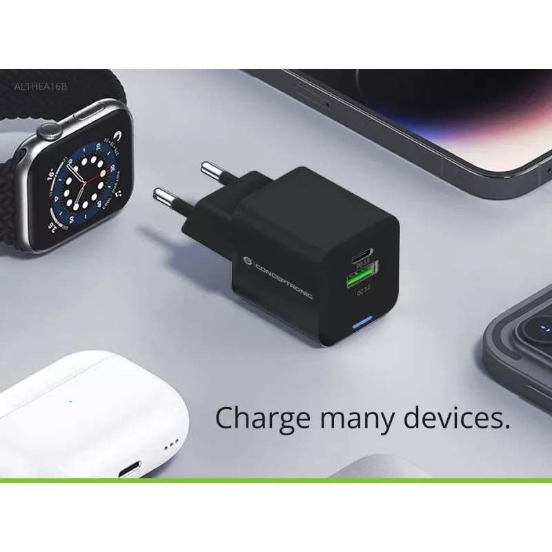 Conceptronic 2 prievadų 33W GaN USB PD įkroviklis su 3-in-1 kabeliu, USB-C x 1, USB-A x 1, QC 3.0, PPS