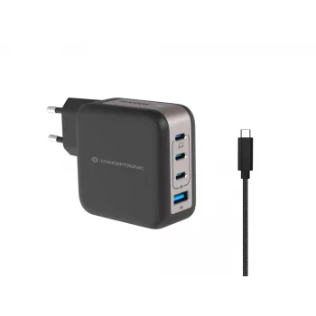 Conceptronic 4 prievadų 100W GaN USB PD įkroviklis su USB-C įkrovimo laidu, USB-C x 3, USB-A x 1, QC 3.0, PPS