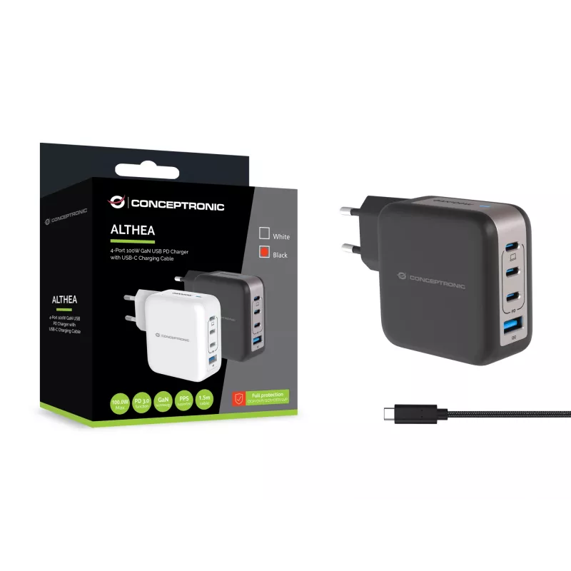 Conceptronic 4 prievadų 100W GaN USB PD įkroviklis su USB-C įkrovimo laidu, USB-C x 3, USB-A x 1, QC 3.0, PPS