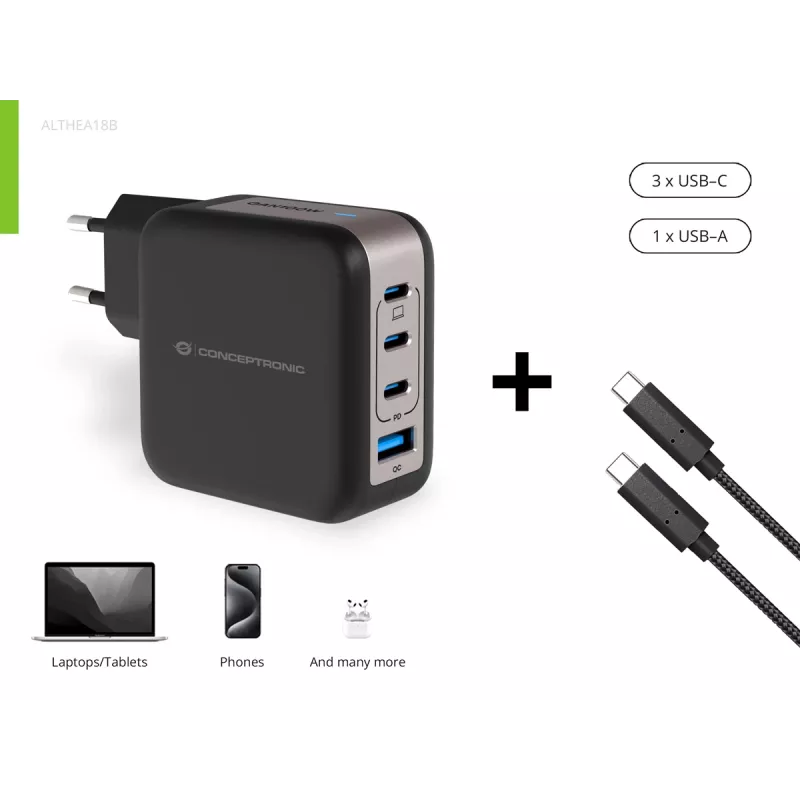 Conceptronic 4 prievadų 100W GaN USB PD įkroviklis su USB-C įkrovimo laidu, USB-C x 3, USB-A x 1, QC 3.0, PPS