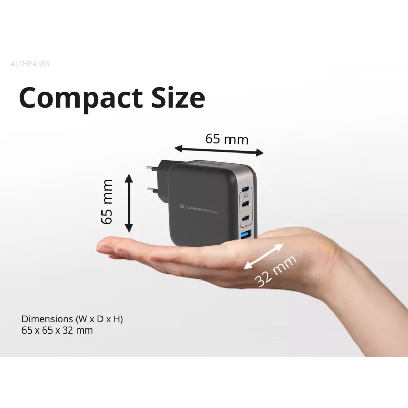 Conceptronic 4 prievadų 100W GaN USB PD įkroviklis su USB-C įkrovimo laidu, USB-C x 3, USB-A x 1, QC 3.0, PPS