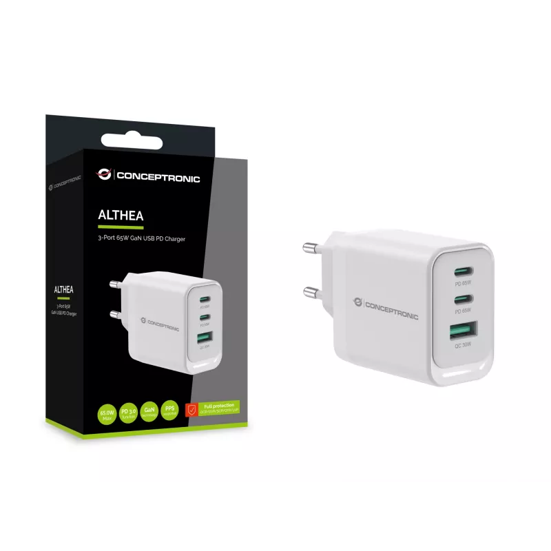 Conceptronic ALTHEA21W65 3 prievadų 65W GaN USB PD įkroviklis, USB-C x 2, USB-A x 1, QC 3.0, PPS, PD 3.0