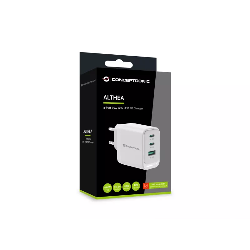 Conceptronic ALTHEA21W65 3 prievadų 65W GaN USB PD įkroviklis, USB-C x 2, USB-A x 1, QC 3.0, PPS, PD 3.0