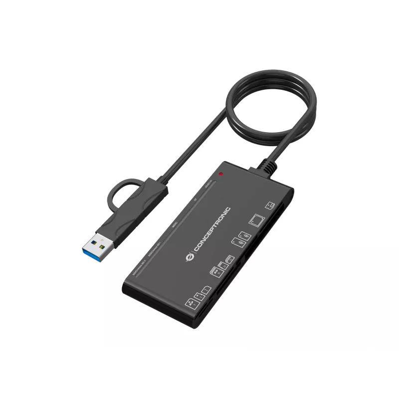7-in-1 kortelių skaitytuvas CONCEPTRONIC BIAN10B — USB 3.2 Gen 1 Type-A/Type-C, CF/MMC/MS/SD/MicroSD/xD, juodas