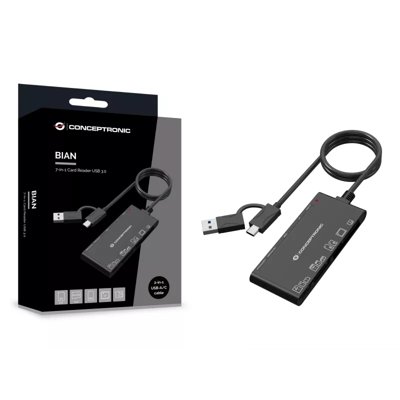 7-in-1 kortelių skaitytuvas CONCEPTRONIC BIAN10B — USB 3.2 Gen 1 Type-A/Type-C, CF/MMC/MS/SD/MicroSD/xD, juodas