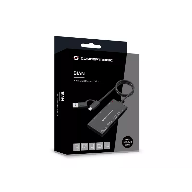 7-in-1 kortelių skaitytuvas CONCEPTRONIC BIAN10B — USB 3.2 Gen 1 Type-A/Type-C, CF/MMC/MS/SD/MicroSD/xD, juodas