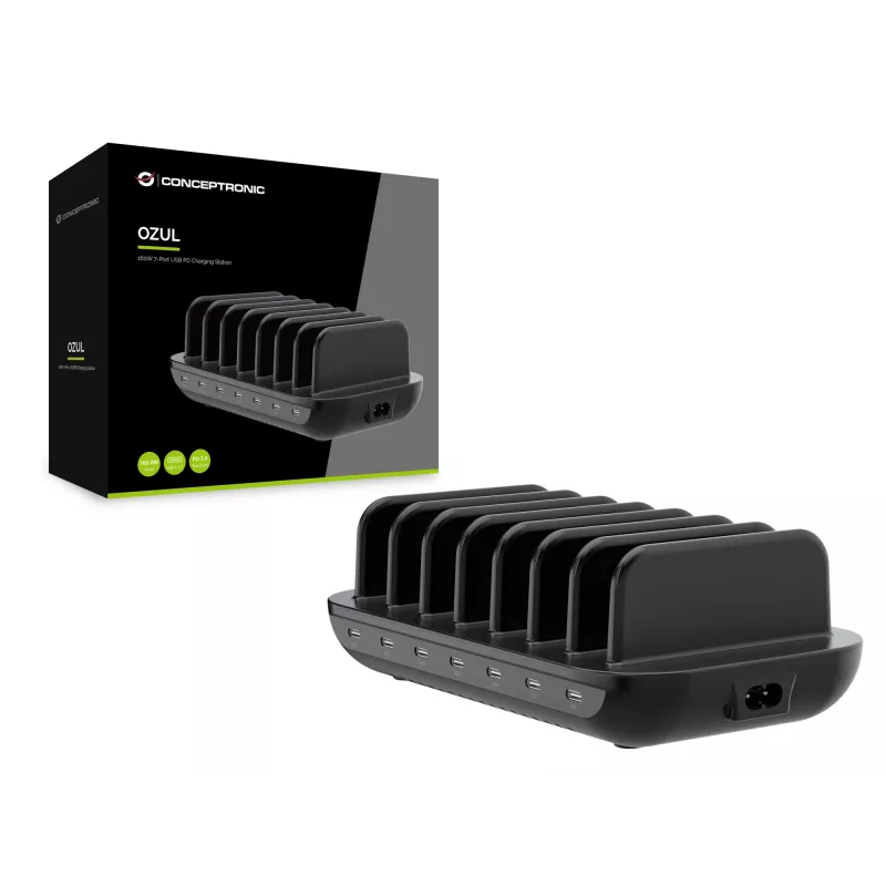 Conceptronic OZUL07B 160W 7 prievadų USB PD įkrovimo stotelė, USB-C x 7, PD 3.0