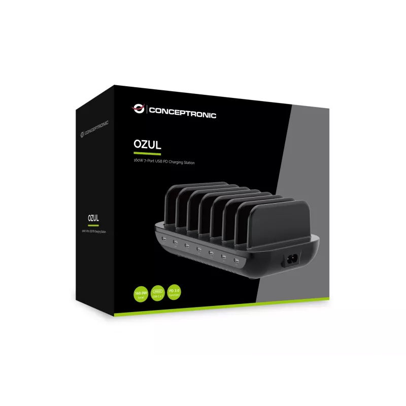Conceptronic OZUL07B 160W 7 prievadų USB PD įkrovimo stotelė, USB-C x 7, PD 3.0