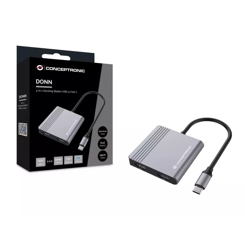 Conceptronic DONN13G nešiojamojo kompiuterio dokas / prievadų plėtinys, laidinis USB 3.2 Gen 1 (3.1 Gen 1) Type-C, pilka