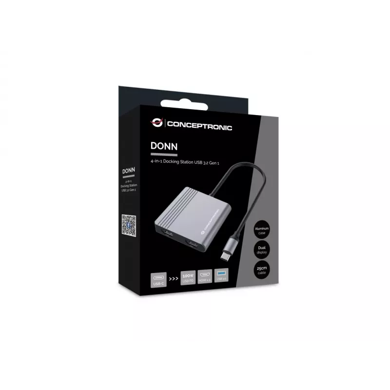 Conceptronic DONN13G nešiojamojo kompiuterio dokas / prievadų plėtinys, laidinis USB 3.2 Gen 1 (3.1 Gen 1) Type-C, pilka