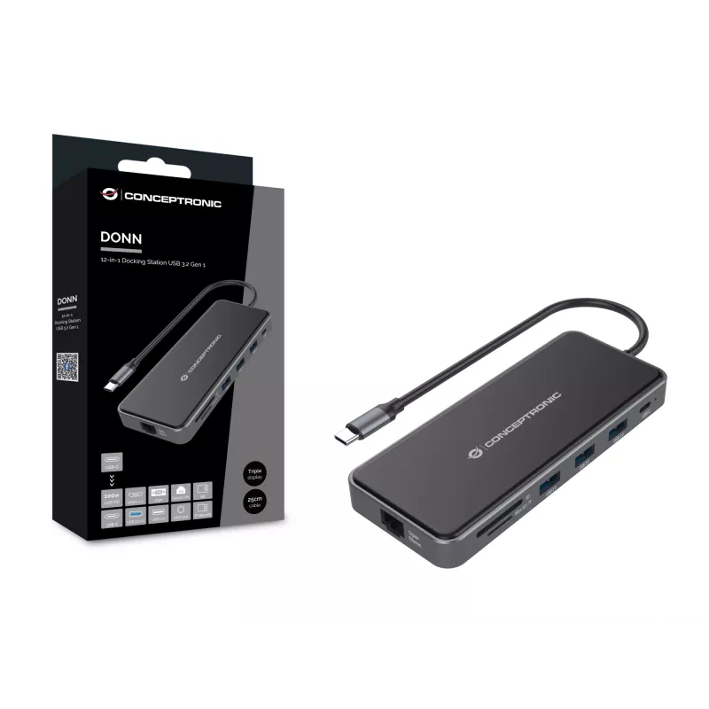 Conceptronic DONN15G dokų stotelė / prievadų išplėtimo adapteris, USB 3.2 Gen 1 Type-C, pilka
