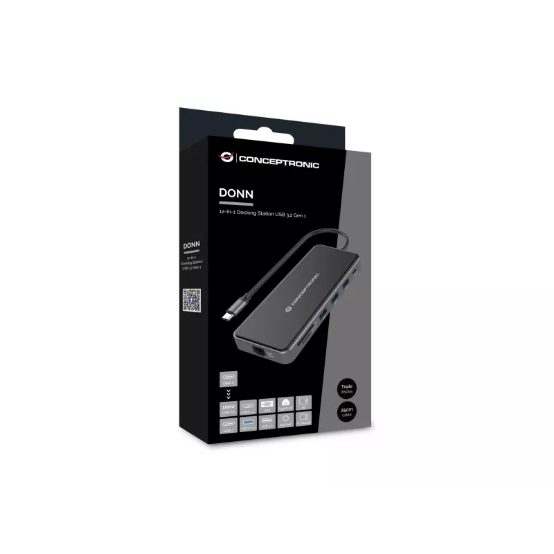 Conceptronic DONN15G dokų stotelė / prievadų išplėtimo adapteris, USB 3.2 Gen 1 Type-C, pilka