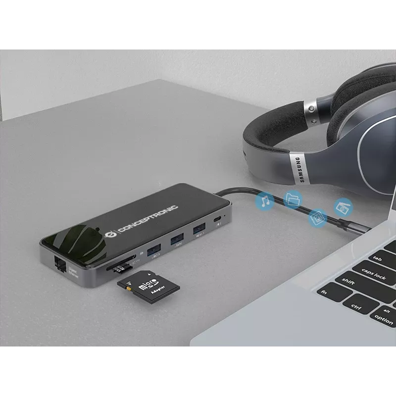 Conceptronic DONN15G dokų stotelė / prievadų išplėtimo adapteris, USB 3.2 Gen 1 Type-C, pilka