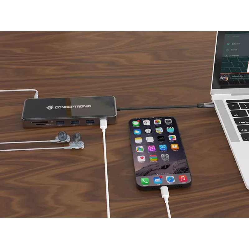 Conceptronic DONN15G dokų stotelė / prievadų išplėtimo adapteris, USB 3.2 Gen 1 Type-C, pilka