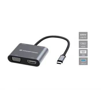 Conceptronic DONN16G 4-in-1 USB-C stotelė su HDMI ir VGA, pilka, 100W, 4K Ultra HD