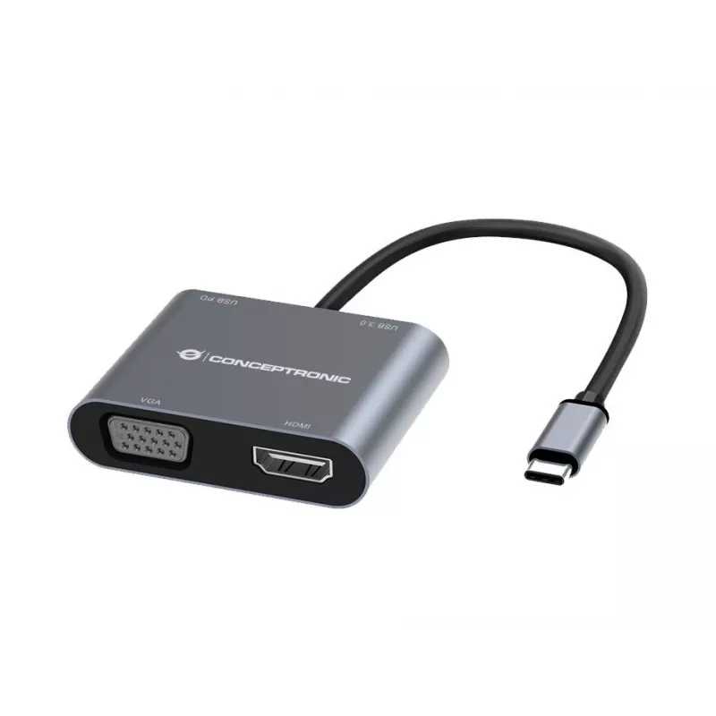 Conceptronic DONN16G 4-in-1 USB-C stotelė su HDMI ir VGA, pilka, 100W, 4K Ultra HD