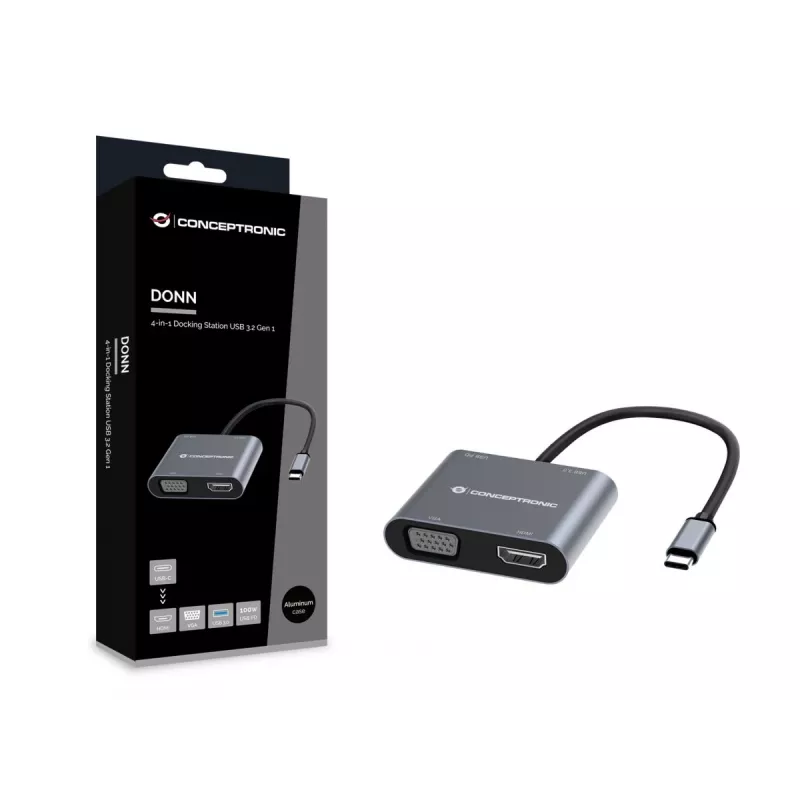 Conceptronic DONN16G 4-in-1 USB-C stotelė su HDMI ir VGA, pilka, 100W, 4K Ultra HD