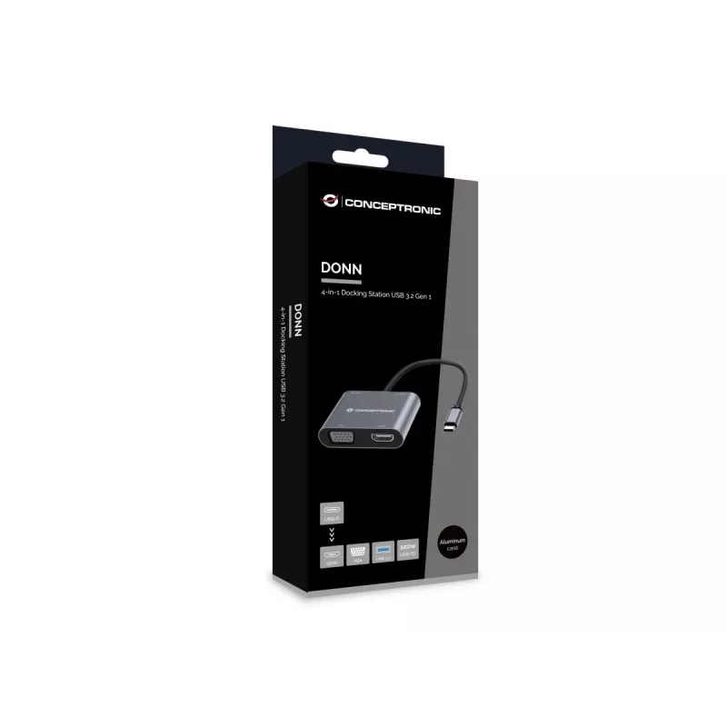 Conceptronic DONN16G 4-in-1 USB-C stotelė su HDMI ir VGA, pilka, 100W, 4K Ultra HD