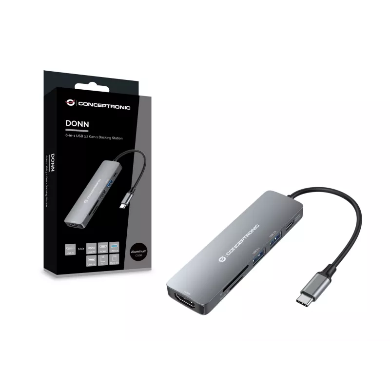 Conceptronic DONN11G 6-in-1 USB 3.2 Gen 1 Dockinė stotelė, HDMI, 100W USB PD, USB 3.0, USB 2.0, SD, TF/MicroSD