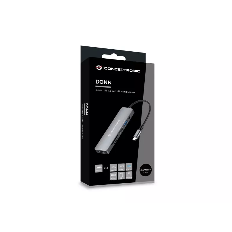 Conceptronic DONN11G 6-in-1 USB 3.2 Gen 1 Dockinė stotelė, HDMI, 100W USB PD, USB 3.0, USB 2.0, SD, TF/MicroSD