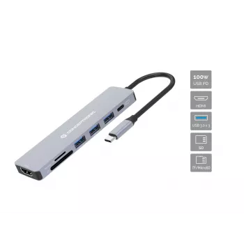 Conceptronic DONN19G 7-in-1 USB 3.2 Gen 1 dokų stotelė, HDMI, USB-A 3.0 x 3, SD, TF/MicroSD, 100W USB PD