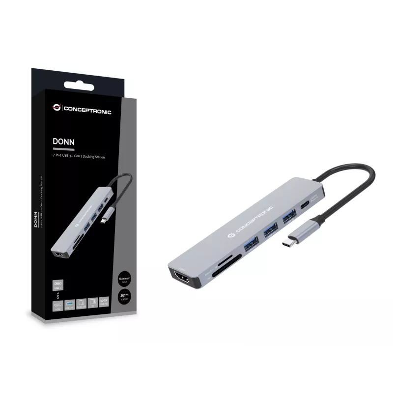 Conceptronic DONN19G 7-in-1 USB 3.2 Gen 1 dokų stotelė, HDMI, USB-A 3.0 x 3, SD, TF/MicroSD, 100W USB PD