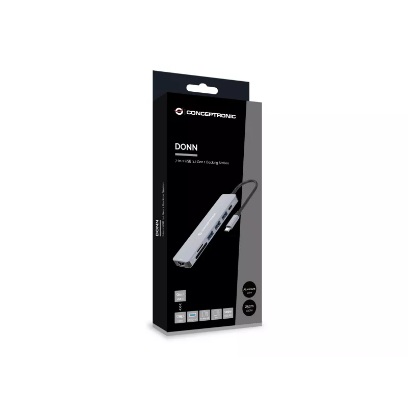 Conceptronic DONN19G 7-in-1 USB 3.2 Gen 1 dokų stotelė, HDMI, USB-A 3.0 x 3, SD, TF/MicroSD, 100W USB PD