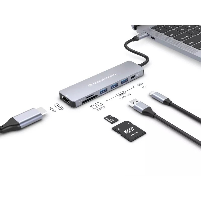 Conceptronic DONN19G 7-in-1 USB 3.2 Gen 1 dokų stotelė, HDMI, USB-A 3.0 x 3, SD, TF/MicroSD, 100W USB PD