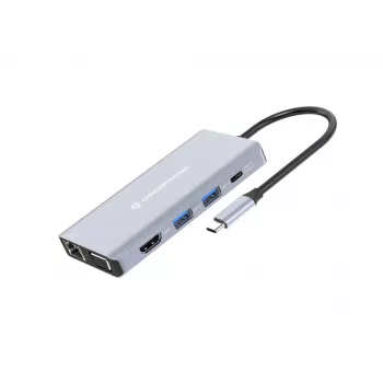 Conceptronic DONN20G 10-in-1 USB 3.2 Gen 1 dokų stotelė, HDMI, VGA, USB-A 3.0 x 3, SD, TF/MicroSD, garsas, GbE LAN, 100W USB PD
