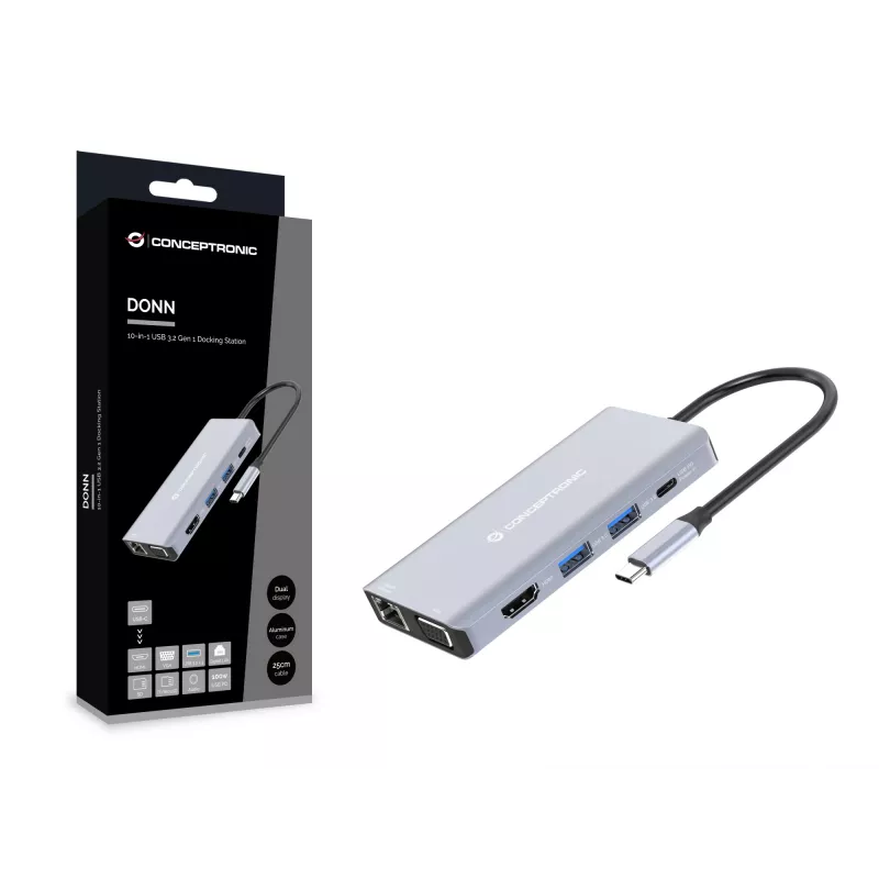 Conceptronic DONN20G 10-in-1 USB 3.2 Gen 1 dokų stotelė, HDMI, VGA, USB-A 3.0 x 3, SD, TF/MicroSD, garsas, GbE LAN, 100W USB PD