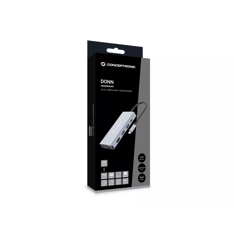 Conceptronic DONN20G 10-in-1 USB 3.2 Gen 1 dokų stotelė, HDMI, VGA, USB-A 3.0 x 3, SD, TF/MicroSD, garsas, GbE LAN, 100W USB PD