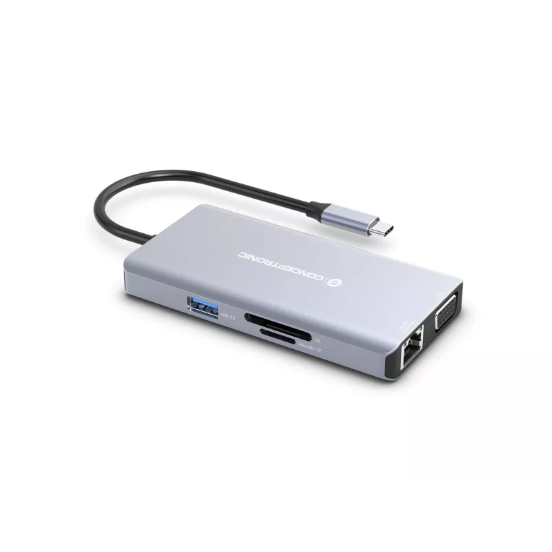 Conceptronic DONN20G 10-in-1 USB 3.2 Gen 1 dokų stotelė, HDMI, VGA, USB-A 3.0 x 3, SD, TF/MicroSD, garsas, GbE LAN, 100W USB PD