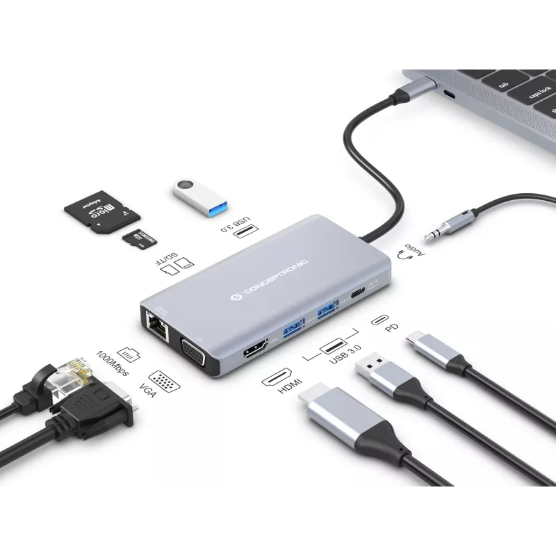 Conceptronic DONN20G 10-in-1 USB 3.2 Gen 1 dokų stotelė, HDMI, VGA, USB-A 3.0 x 3, SD, TF/MicroSD, garsas, GbE LAN, 100W USB PD