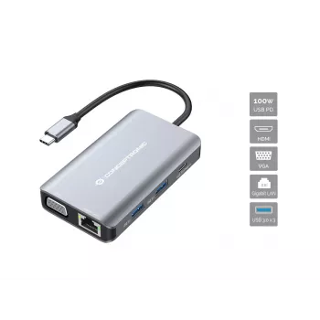 Conceptronic DONN21G nešiojamojo kompiuterio dokas / prievadų plėtiklis, laidinis USB 3.2 Gen 1 (3.1 Gen 1) Type-C, pilkas