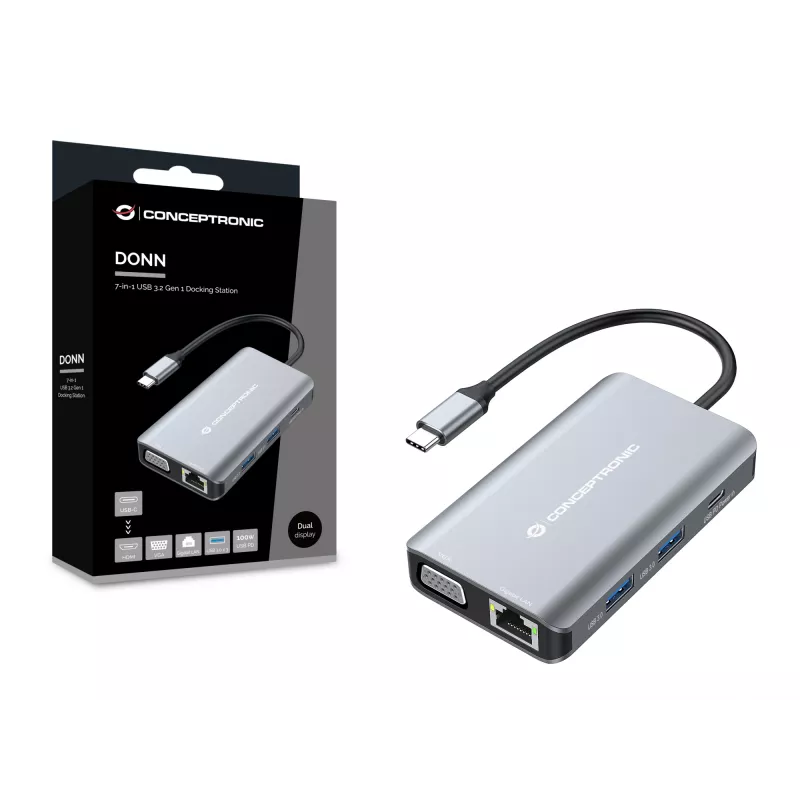 Conceptronic DONN21G nešiojamojo kompiuterio dokas / prievadų plėtiklis, laidinis USB 3.2 Gen 1 (3.1 Gen 1) Type-C, pilkas