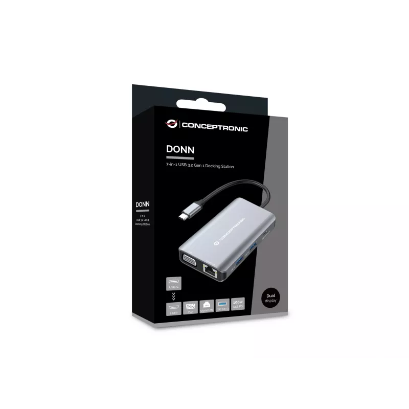 Conceptronic DONN21G nešiojamojo kompiuterio dokas / prievadų plėtiklis, laidinis USB 3.2 Gen 1 (3.1 Gen 1) Type-C, pilkas