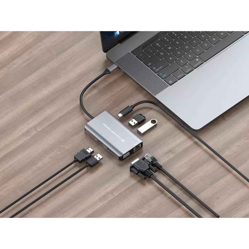 Conceptronic DONN21G nešiojamojo kompiuterio dokas / prievadų plėtiklis, laidinis USB 3.2 Gen 1 (3.1 Gen 1) Type-C, pilkas