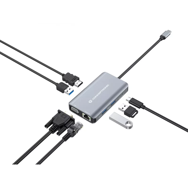 Conceptronic DONN21G nešiojamojo kompiuterio dokas / prievadų plėtiklis, laidinis USB 3.2 Gen 1 (3.1 Gen 1) Type-C, pilkas