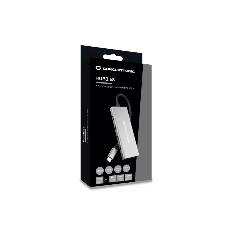 Conceptronic HUBBIES17G USB 3.2 Gen 2 tipo C 7 prievadų USB šakotuvas, pilka spalva