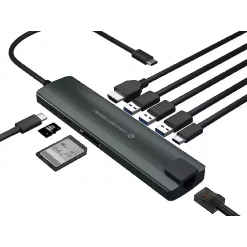 Conceptronic DONN 9-in-1 Universal USB-C adapteris su HDMI, Ethernet ir SD kortelių skaitytuvu
