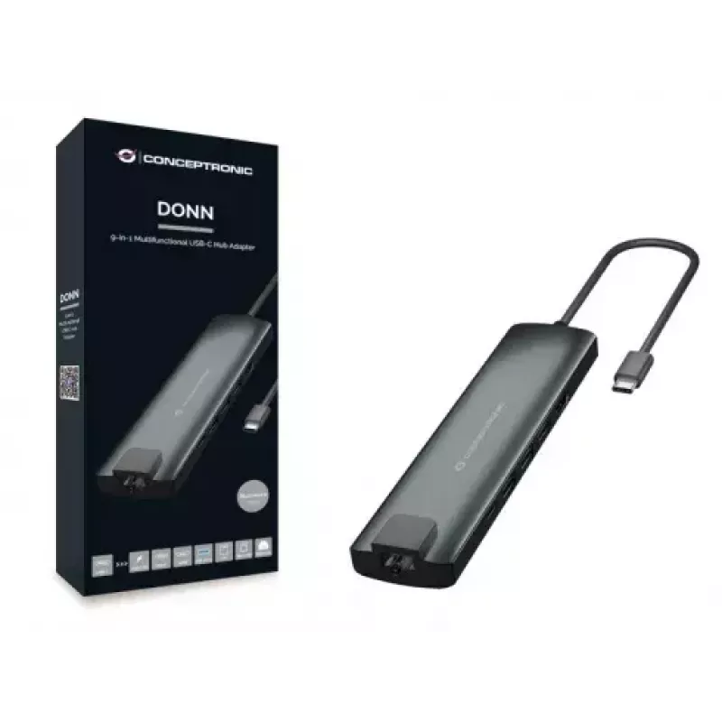 Conceptronic DONN 9-in-1 Universal USB-C adapteris su HDMI, Ethernet ir SD kortelių skaitytuvu