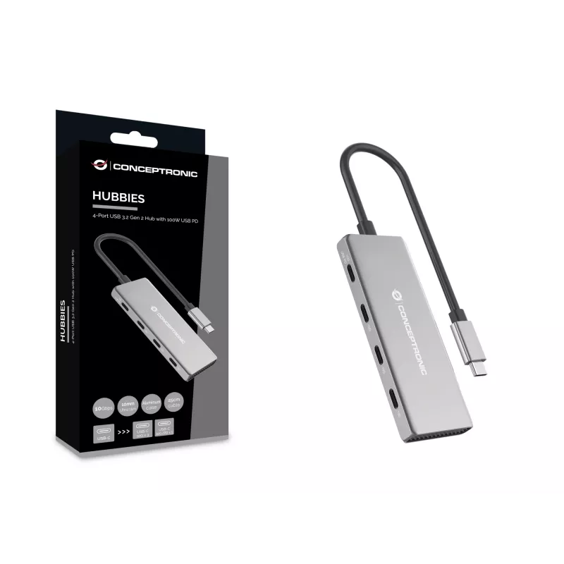 Conceptronic HUBBIES16G USB-C centrinis įrenginys 4 prievadai USB 3.2 Gen 2 10 Gbit/s pilka