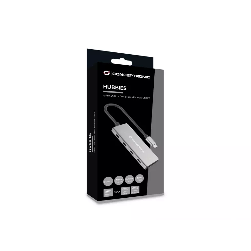 Conceptronic HUBBIES16G USB-C centrinis įrenginys 4 prievadai USB 3.2 Gen 2 10 Gbit/s pilka