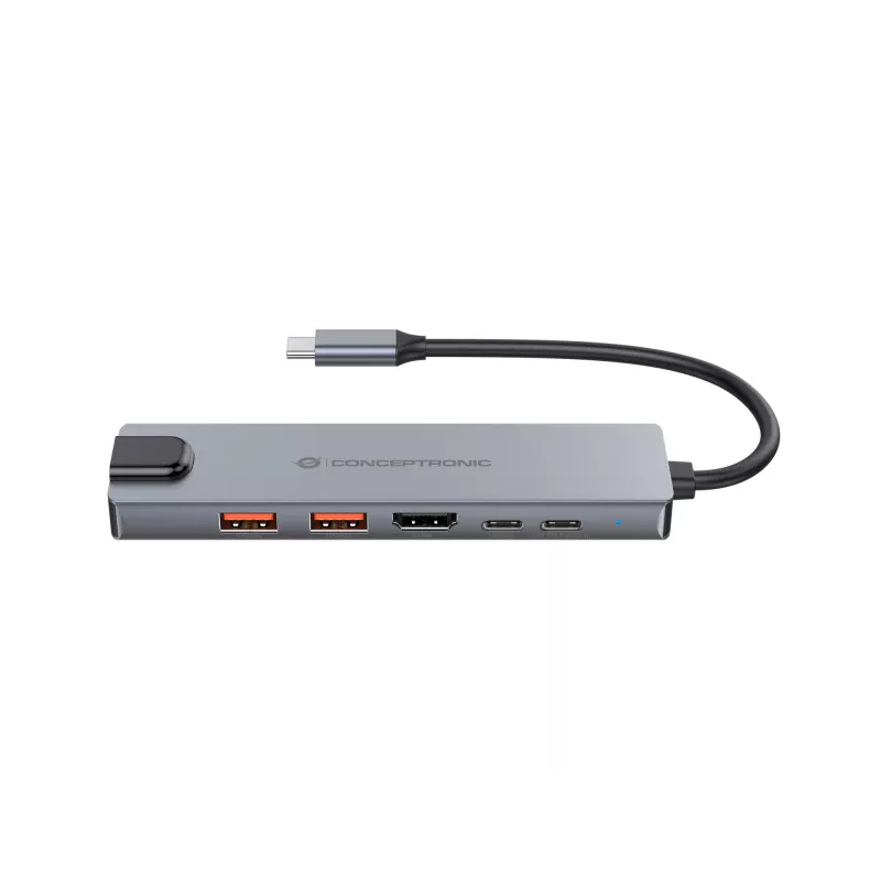 Conceptronic DONN29G 6-in-1 USB 3.2 Gen 2 dokavimo stotelė, 4K60Hz HDMI, USB-A 10Gbps x 2, USB-C 10Gbps, GbE LAN, 140W USB PD 3.1