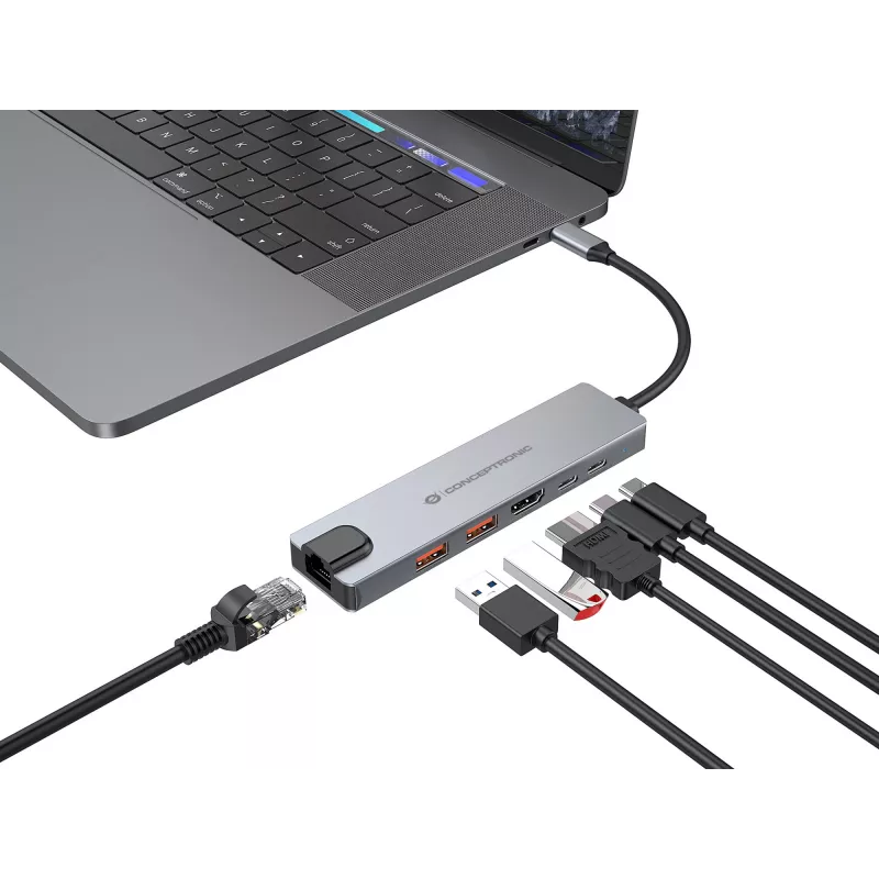 Conceptronic DONN29G 6-in-1 USB 3.2 Gen 2 dokavimo stotelė, 4K60Hz HDMI, USB-A 10Gbps x 2, USB-C 10Gbps, GbE LAN, 140W USB PD 3.1